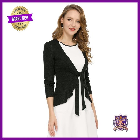 Sweaters - Tie Front Draped Ruffle Knit Cardigan Sweater Dressy Casual